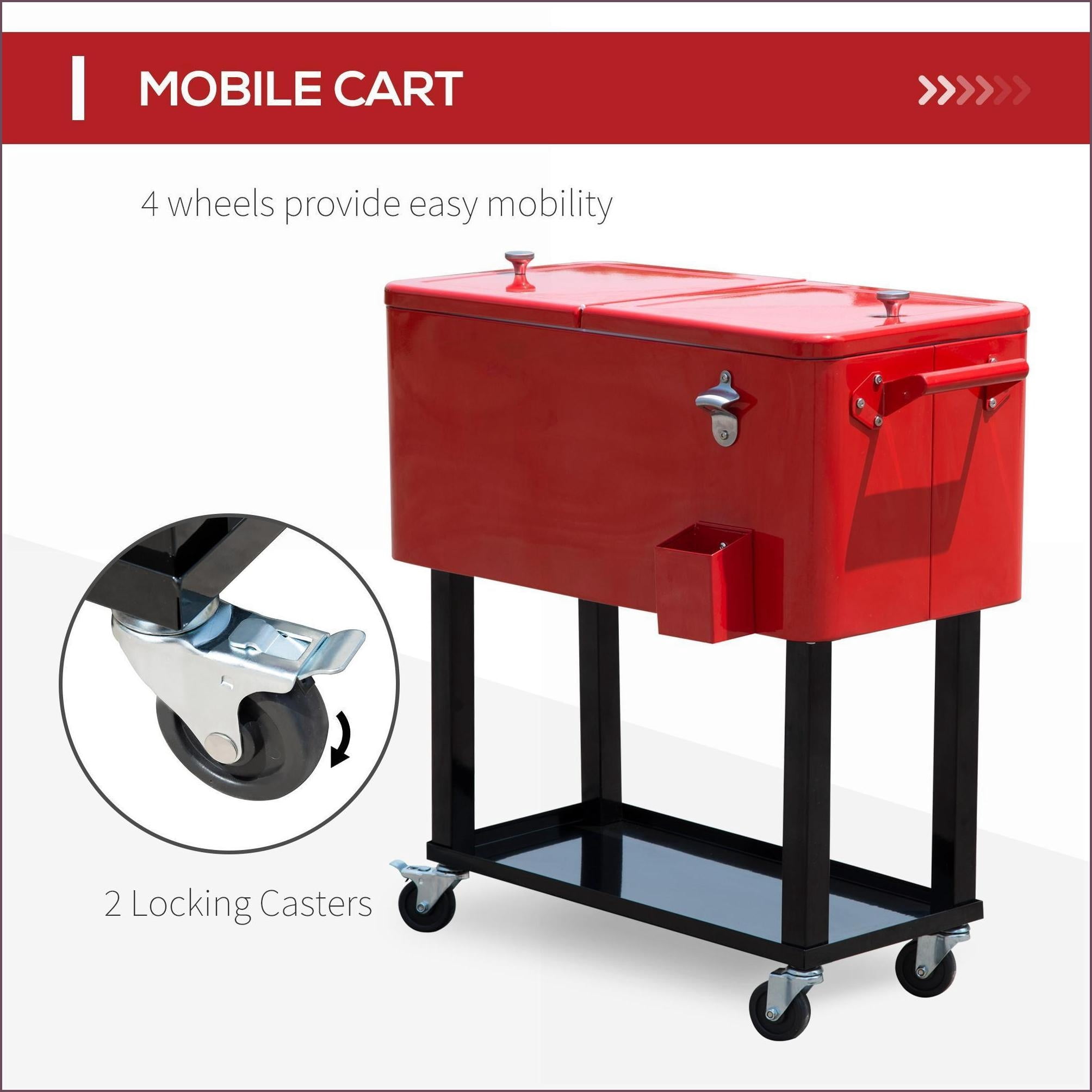 Rolling Ice Chest on Wheels | 80 Quart Cooling Bin, Built-in Bottle Opener, for Outdoor Backyard Pool Patio | Burgundy Red