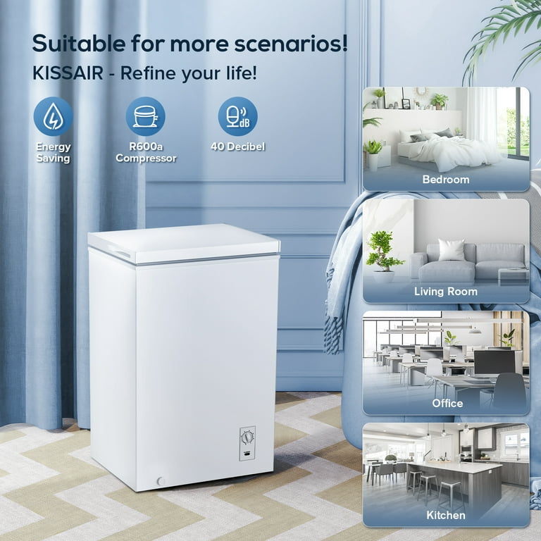 3.5 Cubic Feet Chest Freezer Small Deep Freezers with Removable Storage  Basket Free Standing Top Door Compact Freezer 7 Gears Temperature Control  for