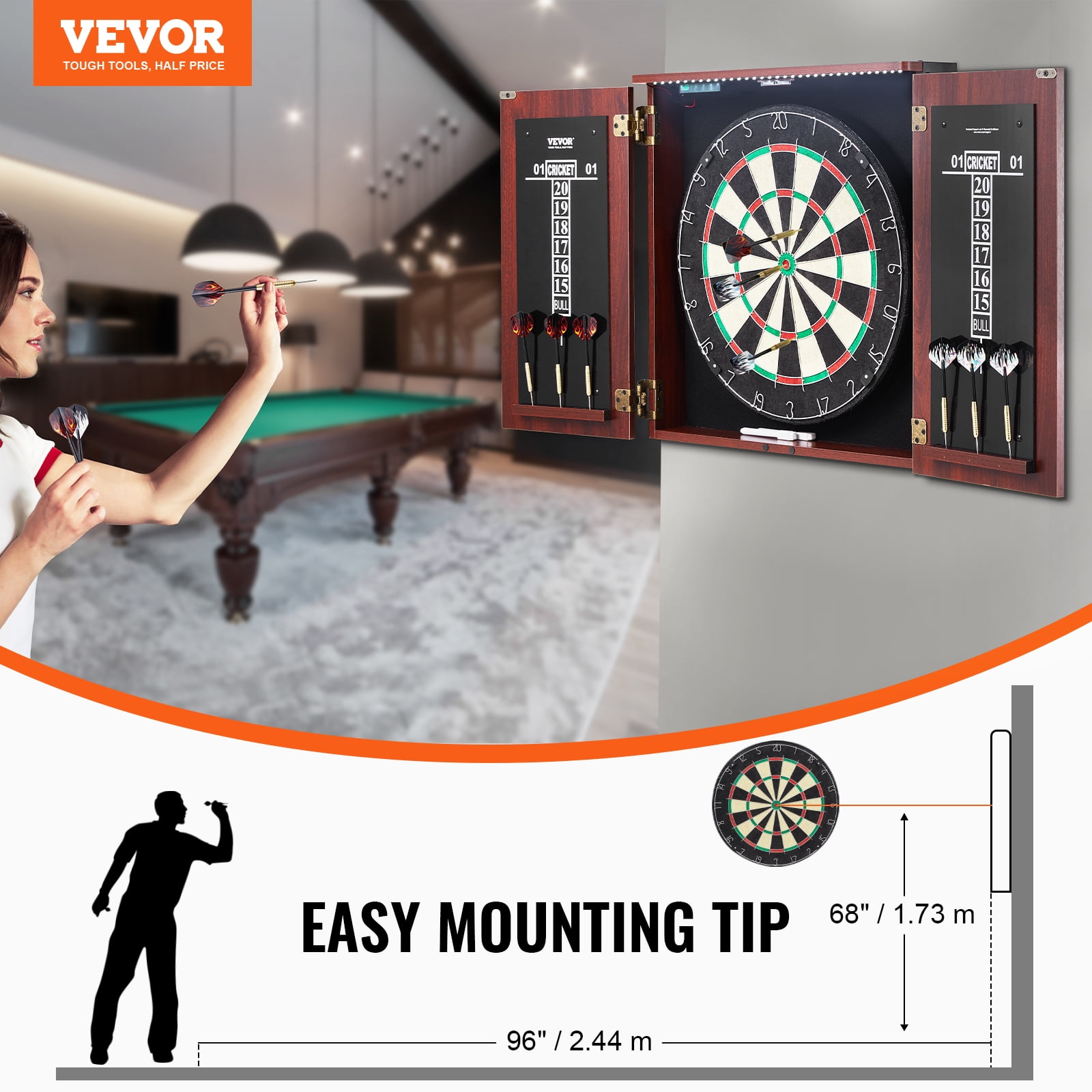VEVOR Dartboard and Cabinet Set, Ready-to-Play Bundle Official Size Dartboard Cabinet, Steel Tip Dart Hideaway Cabinet, Features LED Light, Easy Assembly,Complete with All Accessory,for Cricket Game