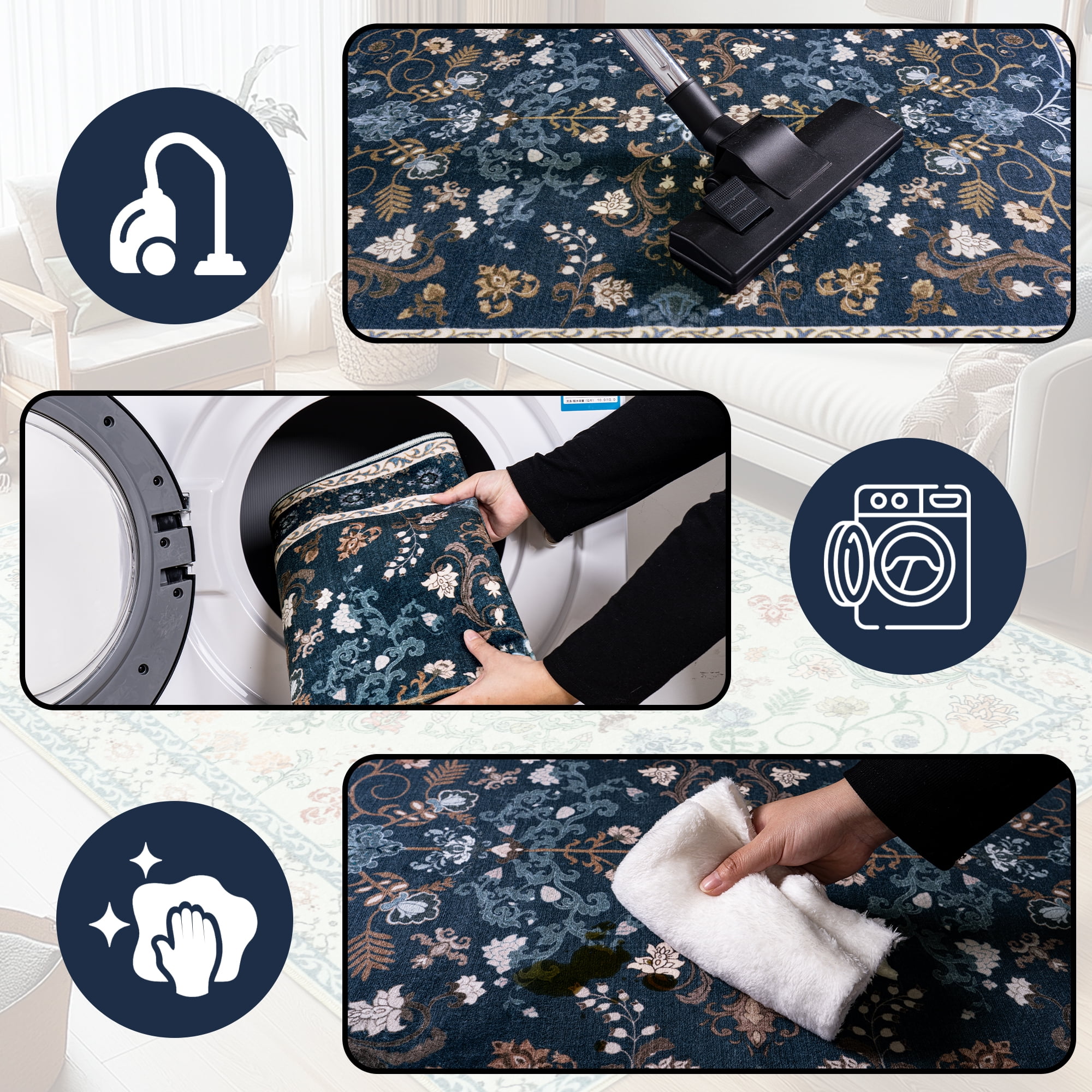 ZENELESS Washable Area Rug,4x6 Non-Slip Foldable Ultra-Thin Soft Carpet for Living Room Bedroom Bathroom Kitchen Entryway Office,Dark Blue