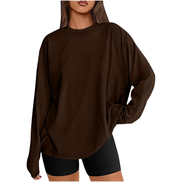 T-shirts Surdimensionnés pour Femmes Manches Longues Col Rond Chemise Décontractée Ample Tunique Couleur Unie Automne Basiques