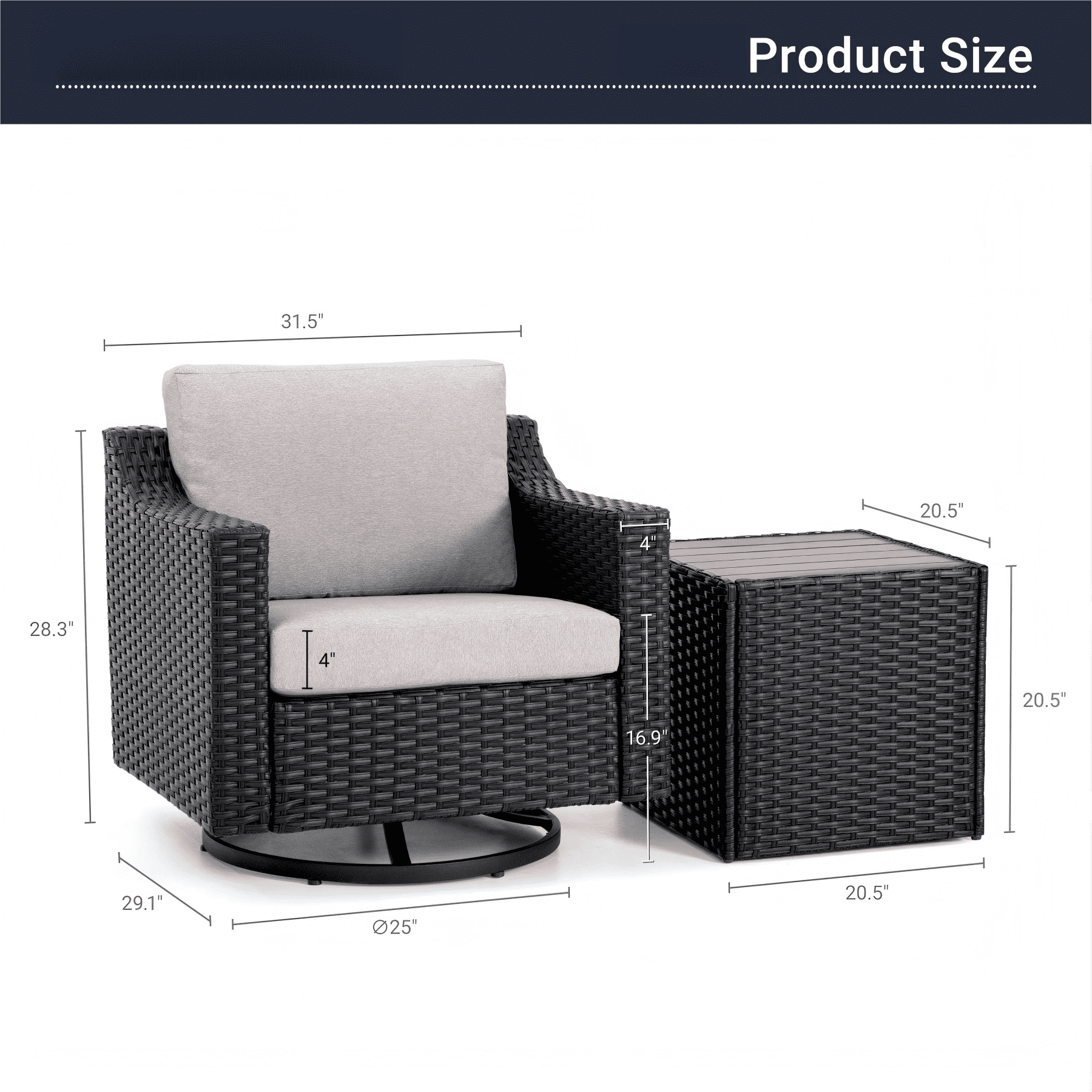 3 Piece Patio Bistro Set with 360 Swivel Patio Chairs, Outdoor Wicker Patio Furniture Set with Cushions and Side Table for Balcony Porch Backyard, Brown/Grey