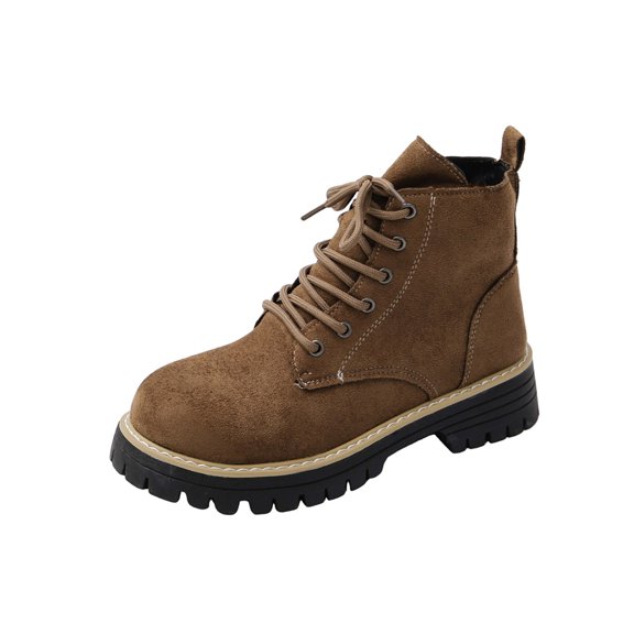 Brown Women'S Casual Ankle Boots Fashionable Lace-Up Low Heel Booties Winter Warm Fleece Lined Round Toe Comfortable Outdoor Indoor Shoes