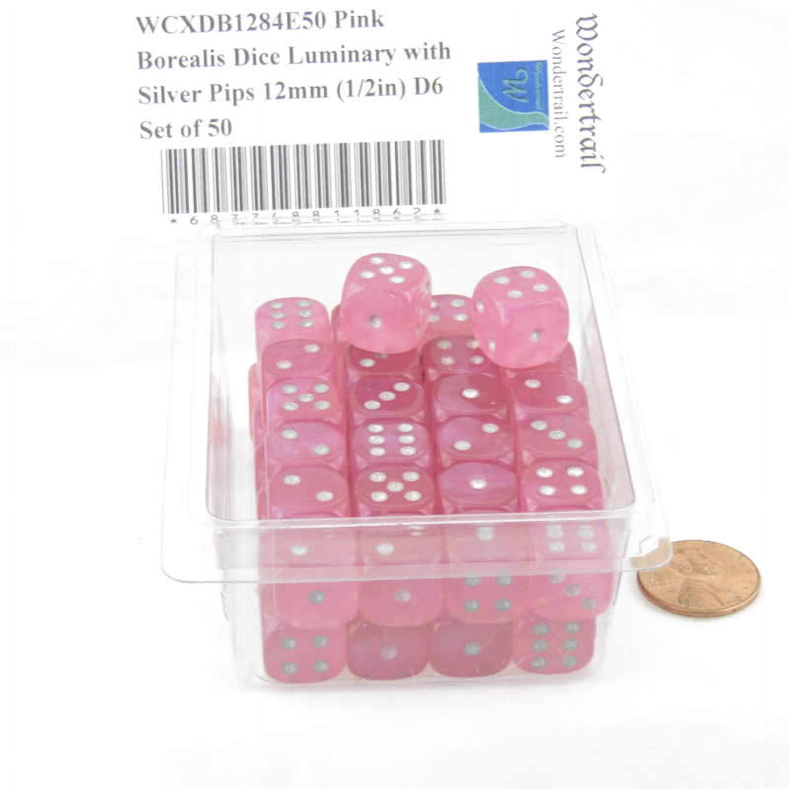 Pink Borealis Dice Luminary with Silver Pips 12mm (1/2in) D6 Set of 50 Wondertrail