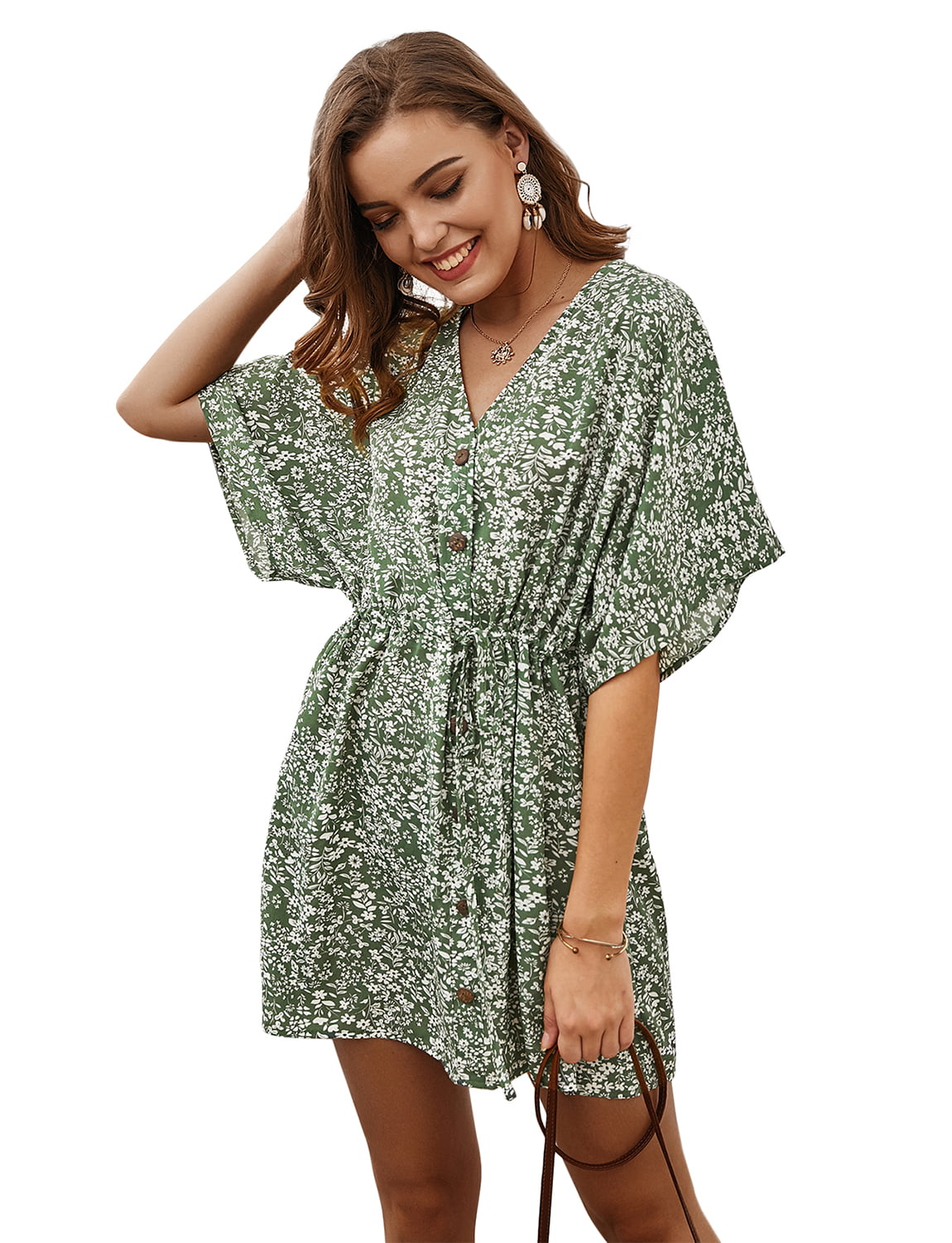 Plus Size Women Half Sleeve V Neck Dress Floral Print Tunic Summer Beach Dresses