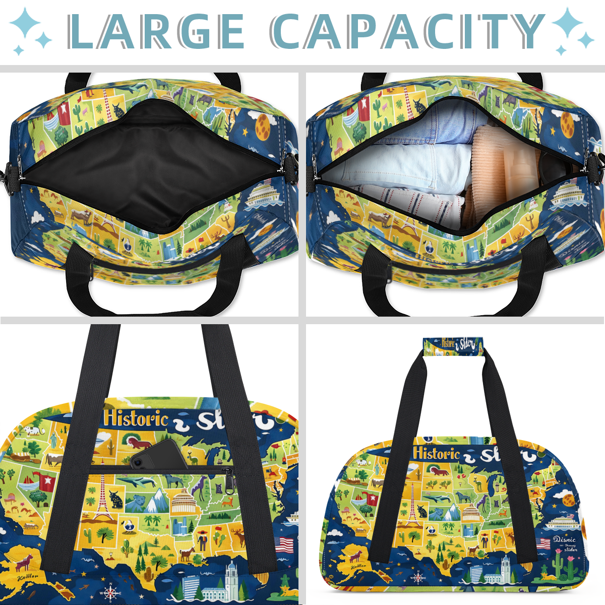 Herdesigns Map of The United States Sports Duffle Bag for Women & Men, Animals Theme Gym Bag Dance Bag Overnight Bag Carry On Weekender Travel Bag