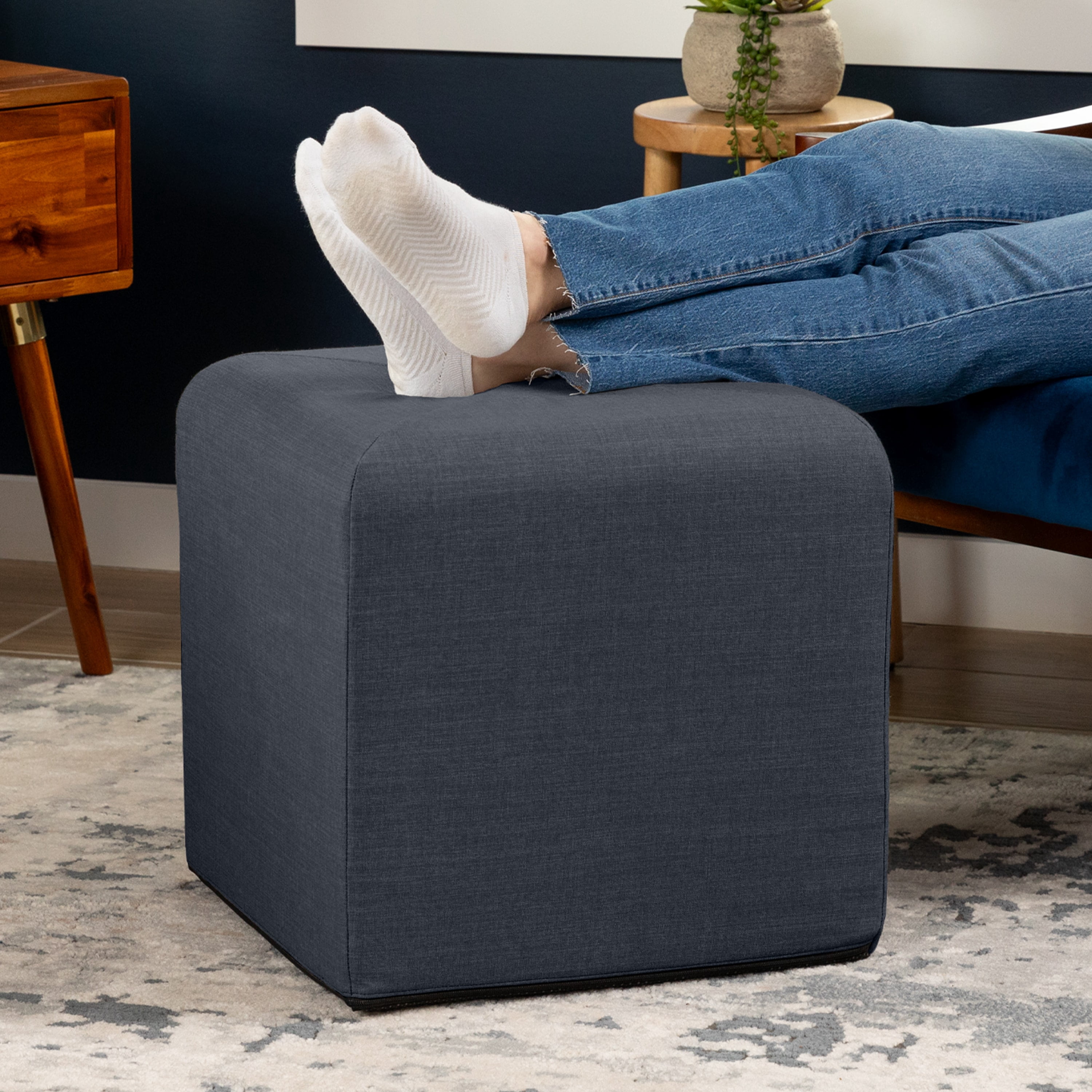 Jaxx Monroe Square Foam Ottoman with Stain Resistant Performance Fabric, Small (18 x 18), Blue Denim