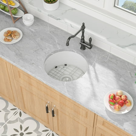18 Inch Round White Kitchen Ceramic Sink Single Bowl Undermount Porcelain Sink with Bottom Grid and Drain Assembly Combo