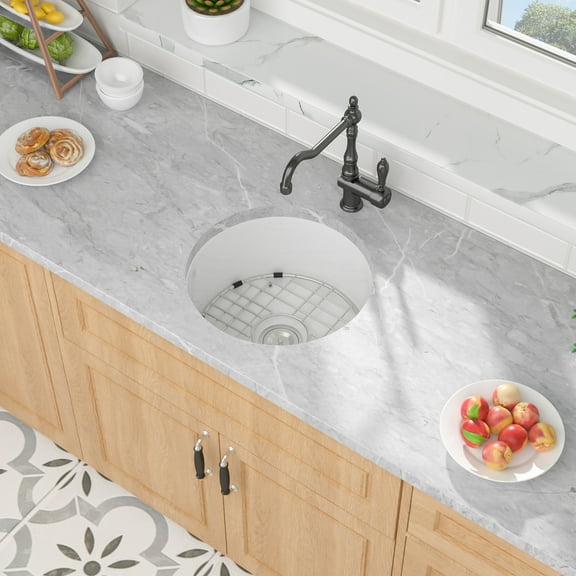 18 Inch Round White Kitchen Ceramic Sink Single Bowl Undermount Porcelain Sink with Bottom Grid and Drain Assembly Combo