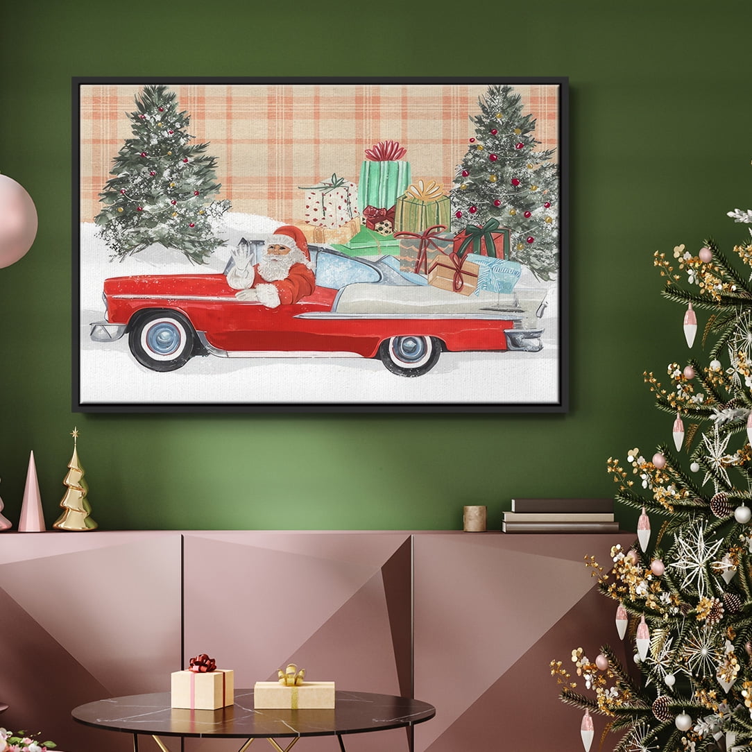 Santa on Wheels Collection A - Framed Gallery Wrapped Holiday Canvas - 17 x 25 - Black Frame