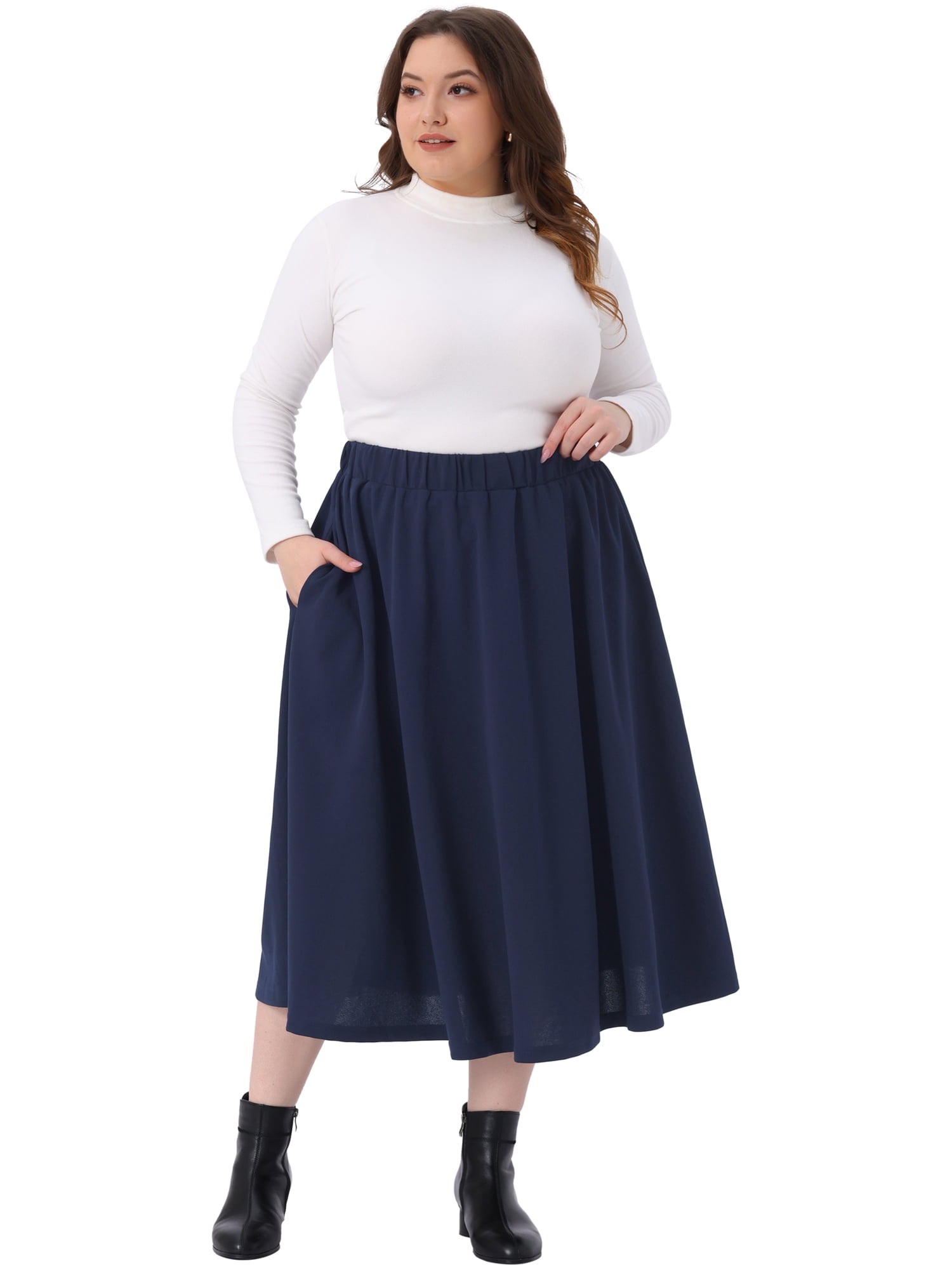 DARING DIVA Women's Plus High Waisted Casual Flowy A Line Skirts 2X Navy Blue