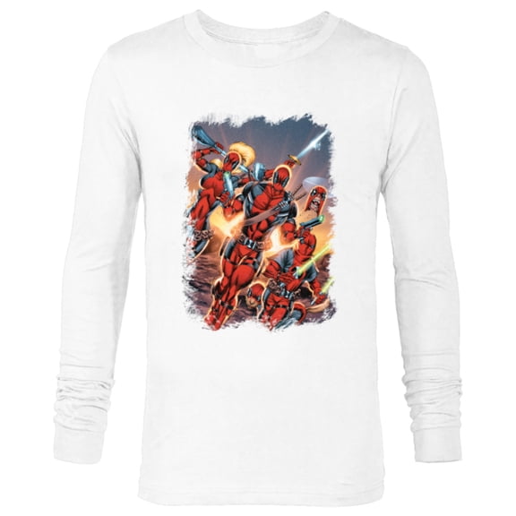 Marvel Deadpool Family Battle Charge Distressed Comic Art- Long Sleeve T-Shirt for Men - Customized-White