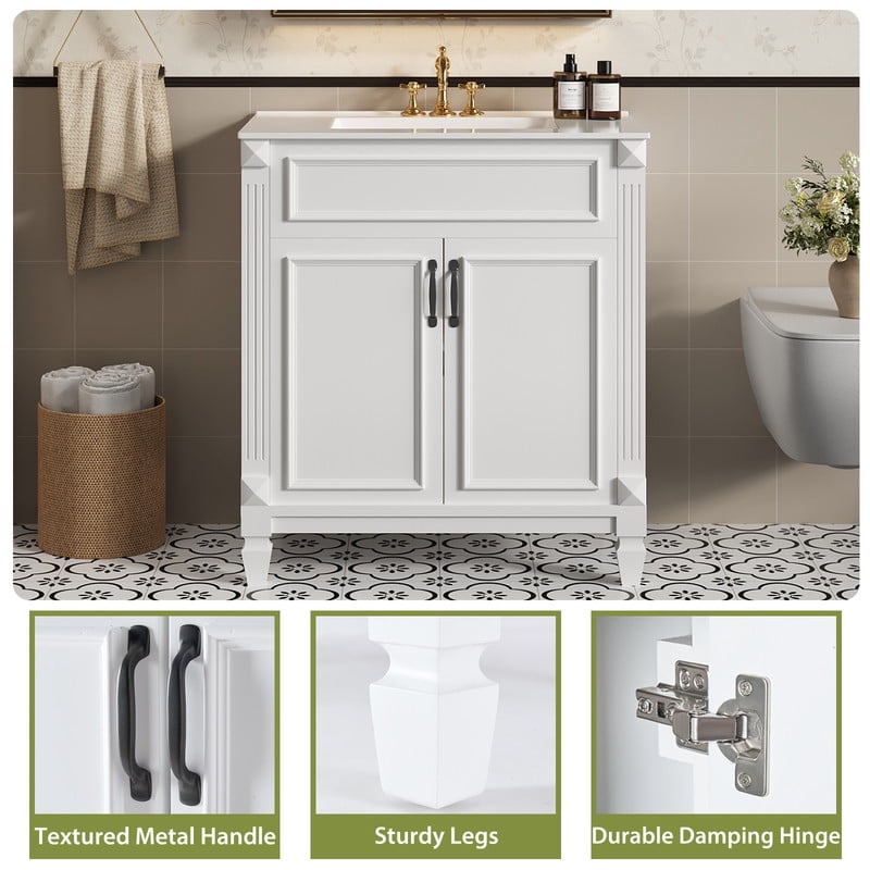 Gianna 30" Bathroom Vanity with Sink, Bathroom Storage Vanity Sink with 2 Doors, Farmhouse Wooden Free Standing Bathroom Cabinet with Sink, Easy Assembly, NO Mirror Faucet (White)