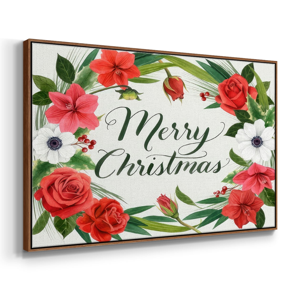 Christmas Flora Wreath Collection A - Framed Gallery Wrapped Holiday Canvas - 27 x 41 - Rosewood Frame