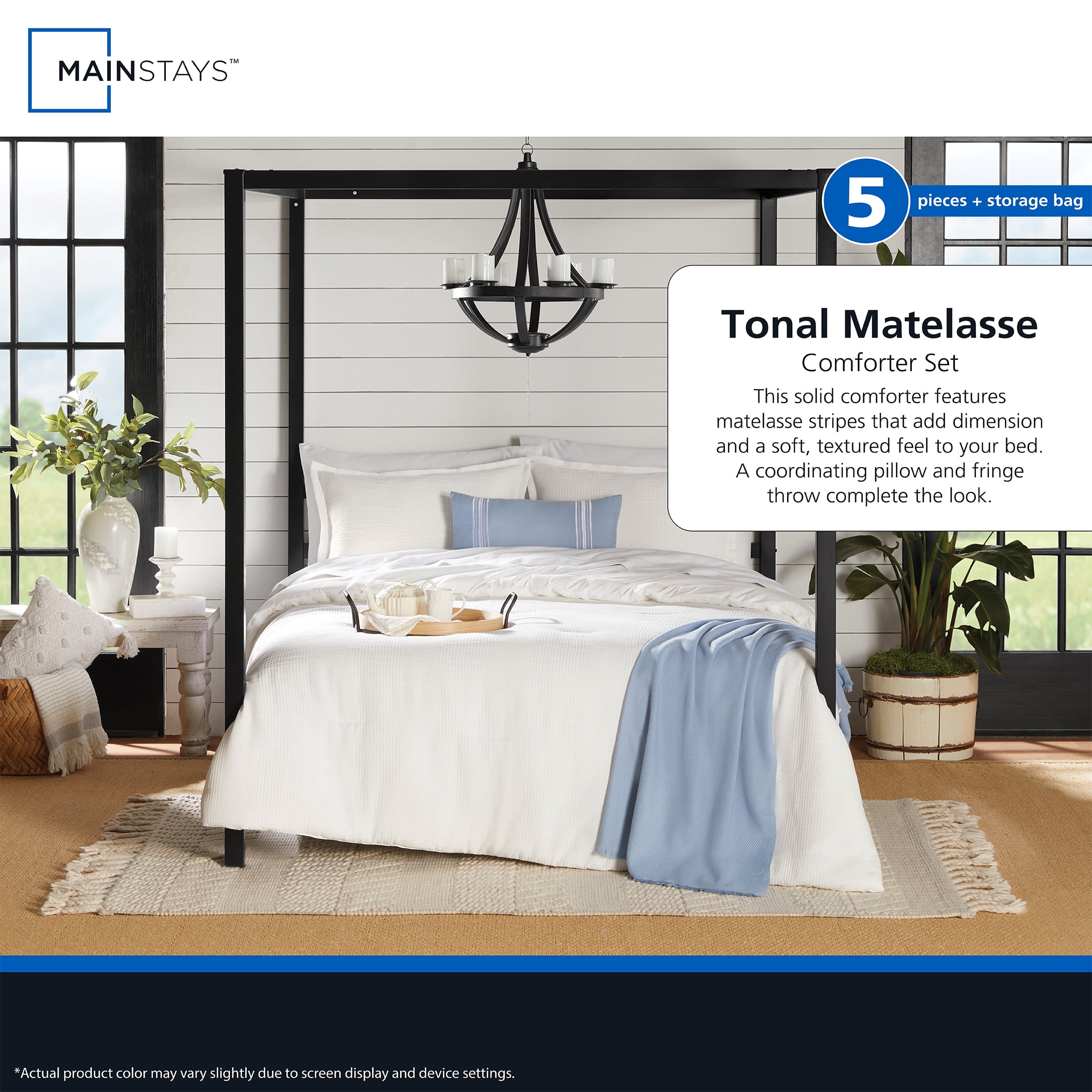 Mainstays Tonal 4-Piece White Stripe Matelasse Comforter Set, Twin/Twin XL