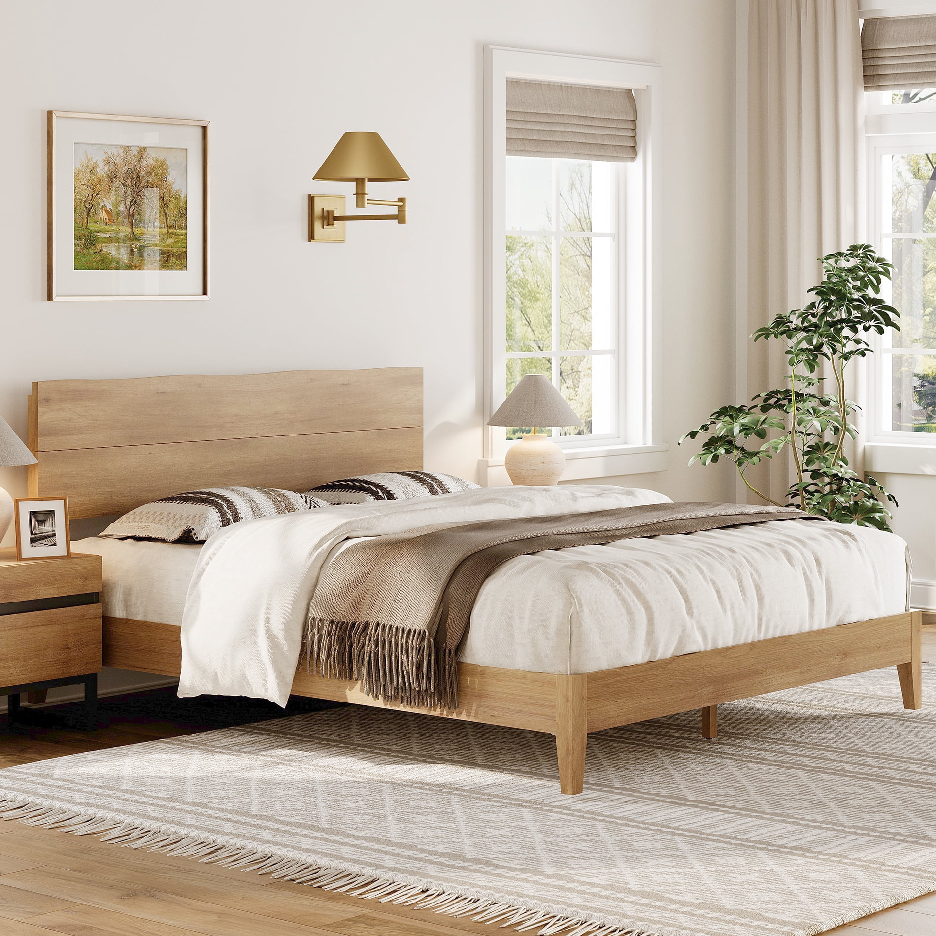 Queen Size Bed Frame with Minimalist Wave Headboard, Wooden Platform Bed Frame with Solid Wood Legs and Mid-Beam Support for Bedroom Furniture, Oak