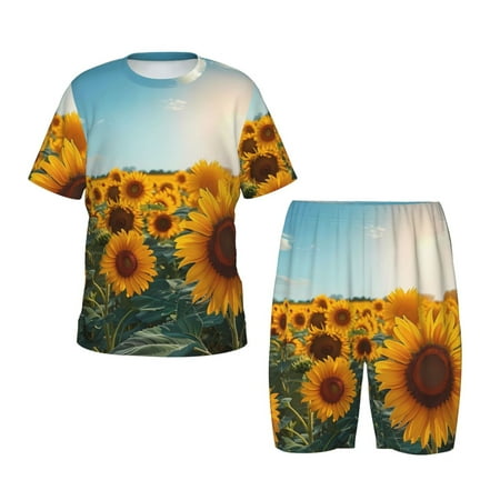 Luyuia Sunlit Sunflower Field Print Girls  2-Piece Tie-Dye Pajama Set  Cute Summer Loungewear with Shirt and Tank Shorts Nightwear-Small