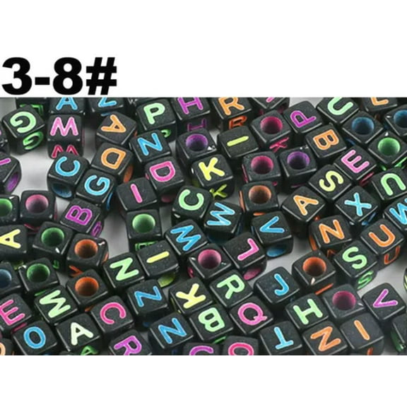 U8MO 250 Assorted Alphabet Letter Acrylic Cube Pony Beads 6X6mm Jewelry Kids Craft-3-8# Black with Neon Color