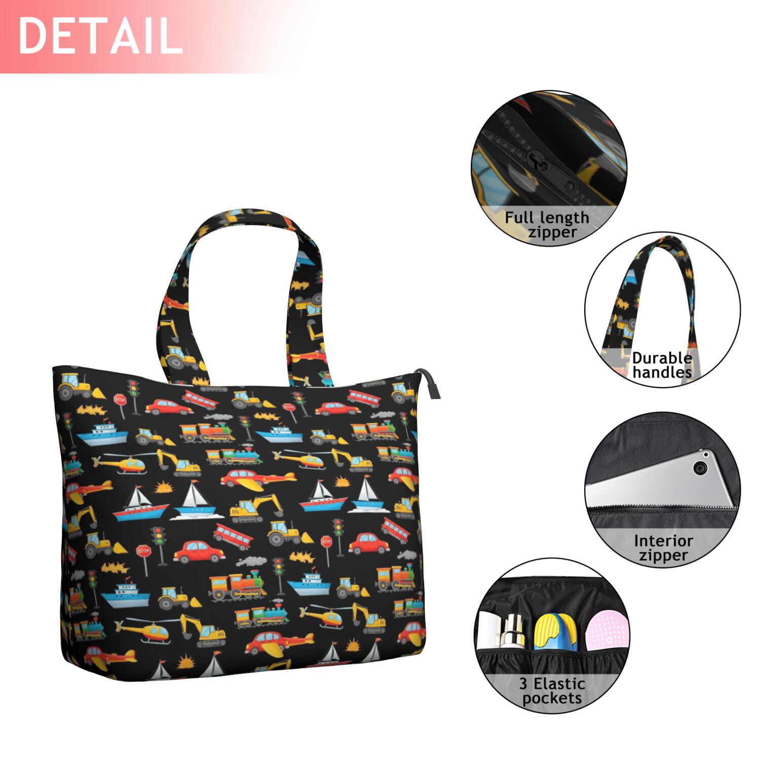 Cartoon Traffic Vehicles Boats Black Pattern Travel Tote Bags for Women Carry On,Large Weekender Bags for Women Travel,Multi Functional Duffle Bag for Work,Shopping,Sports