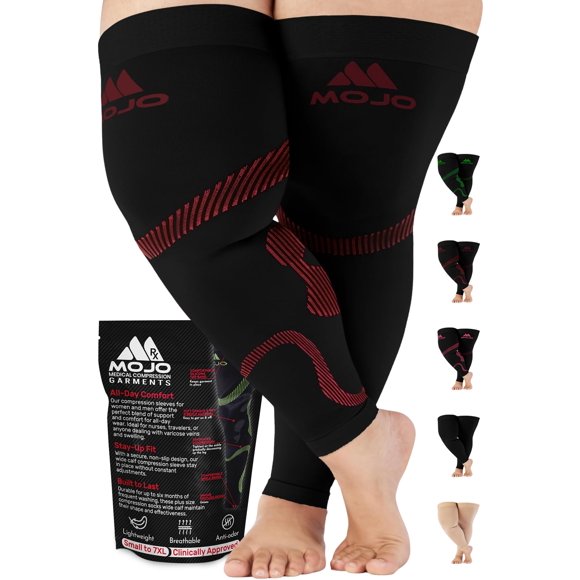 Mojo - Chaussettes de Compression Sans Pieds pour Femmes et Hommes 20-30mmHg - Manchon de Compression pour Cuisse Haute pour Circulation pendant Infirmière, Récupération Post-Chirurgicale - Noir/rouge, Très Grand - A609