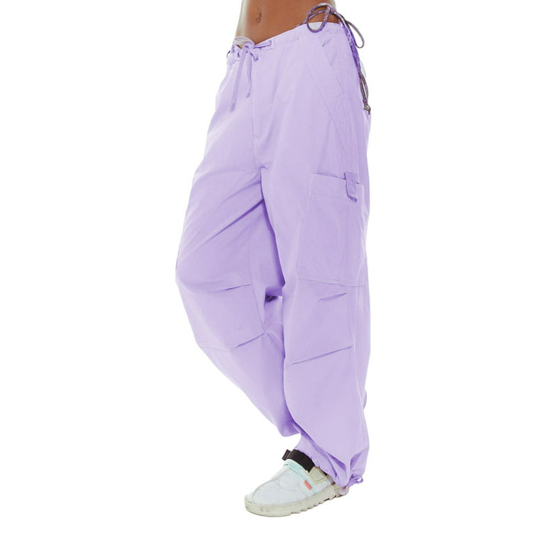 Diconna Women Baggy Cargo Pants Low Waist Cargo Pants Drawstring Wide Leg  Hip Hop Cinch Joggers Sweatpants Purple S
