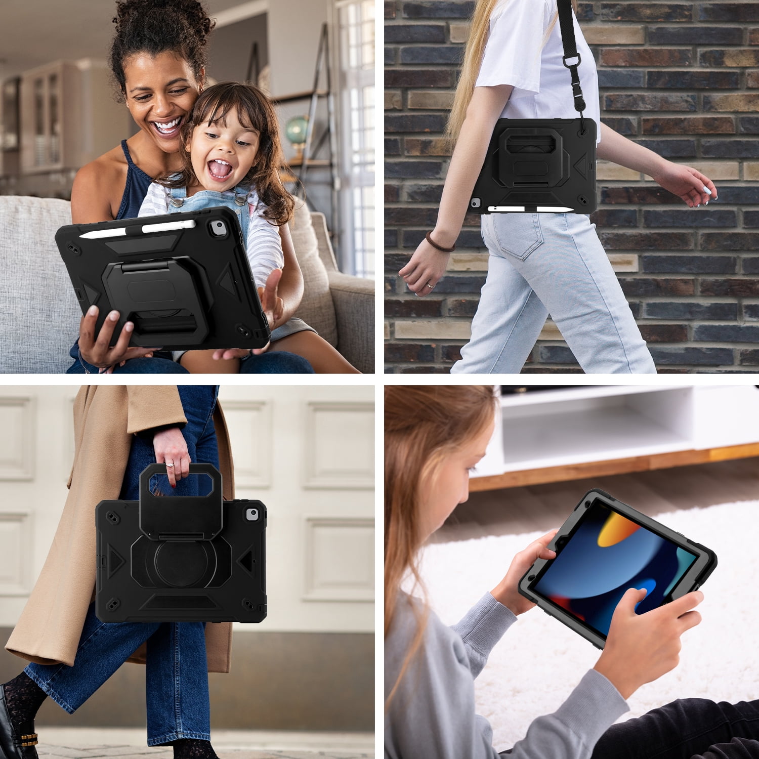 Allytechgroup Heavy Duty Shockproof Case Cover for Apple iPad 9th 8th 7th Generation, Ultimate Protection with Handle Stand, Shoulder Strap, and Pencil Holder Kids Friendly, Black