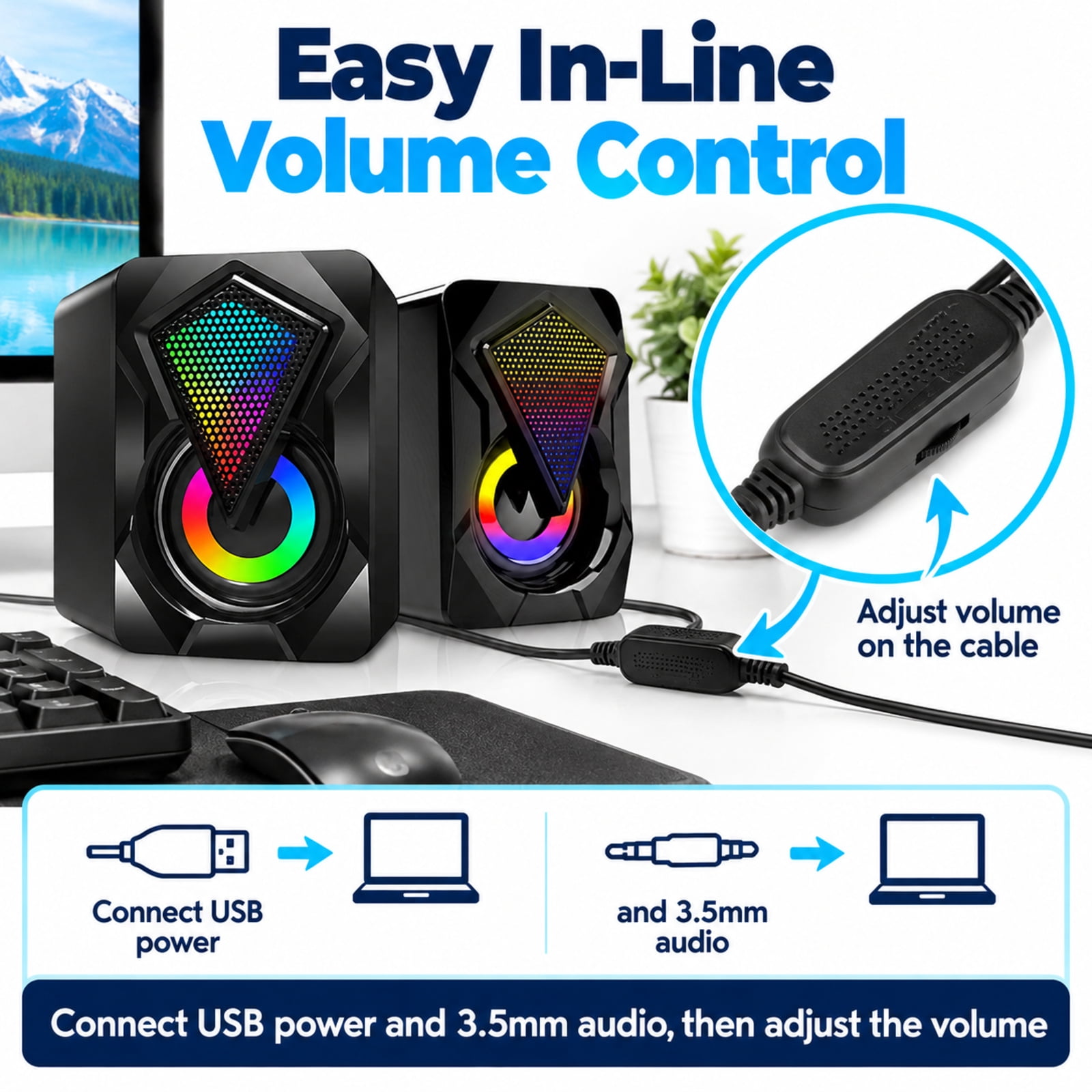Computer Speakers for Desktop or Laptop, TSV 2.0 Stereo RGB PC Gaming Speakers with Stereo Surround Bass, 7 Colors LED Lights, USB-Powered 3.5mm Wired Speakers for PC Smartphone Tablet Projector TV