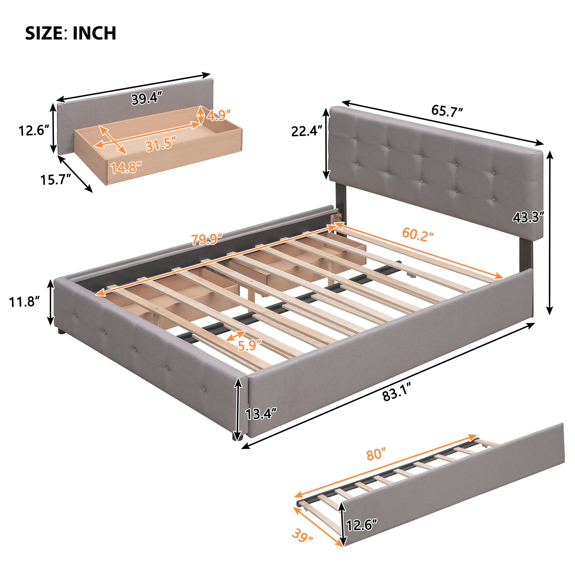 Aukfa Queen Upholstered Platform Bed with Twin XL Trundle and 2 Storage Drawers, Linen Fabric Tufted Headboard & Footboard, Gray