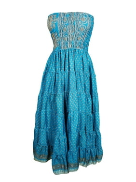 Mogul Women Blue Floral Print Boho Skirt Recycled Sari Skirt Ruched Beach Flare Skirts S/M/L