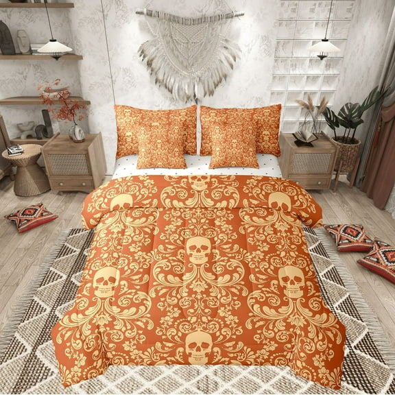 Damask Gothic Bedding Set Adults Antique Victorian Bed in a Bag King Size Comforter Set 7 Pieces,Orange Yellow Sugar Skull Sheet Set Vintage Floral Goth Bed Set,Exotic Bone Skeleton Bohemian Decor