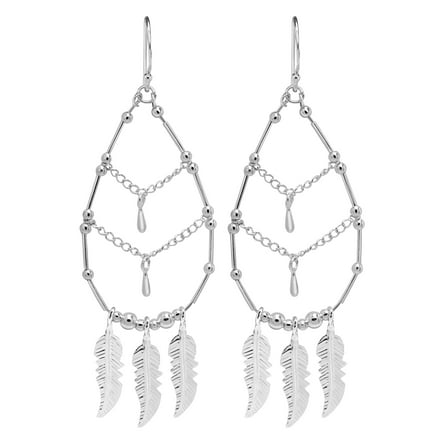 AeraVida Intricate Teardrop and Feather Sterling Silver Chandelier Dangle Earrings