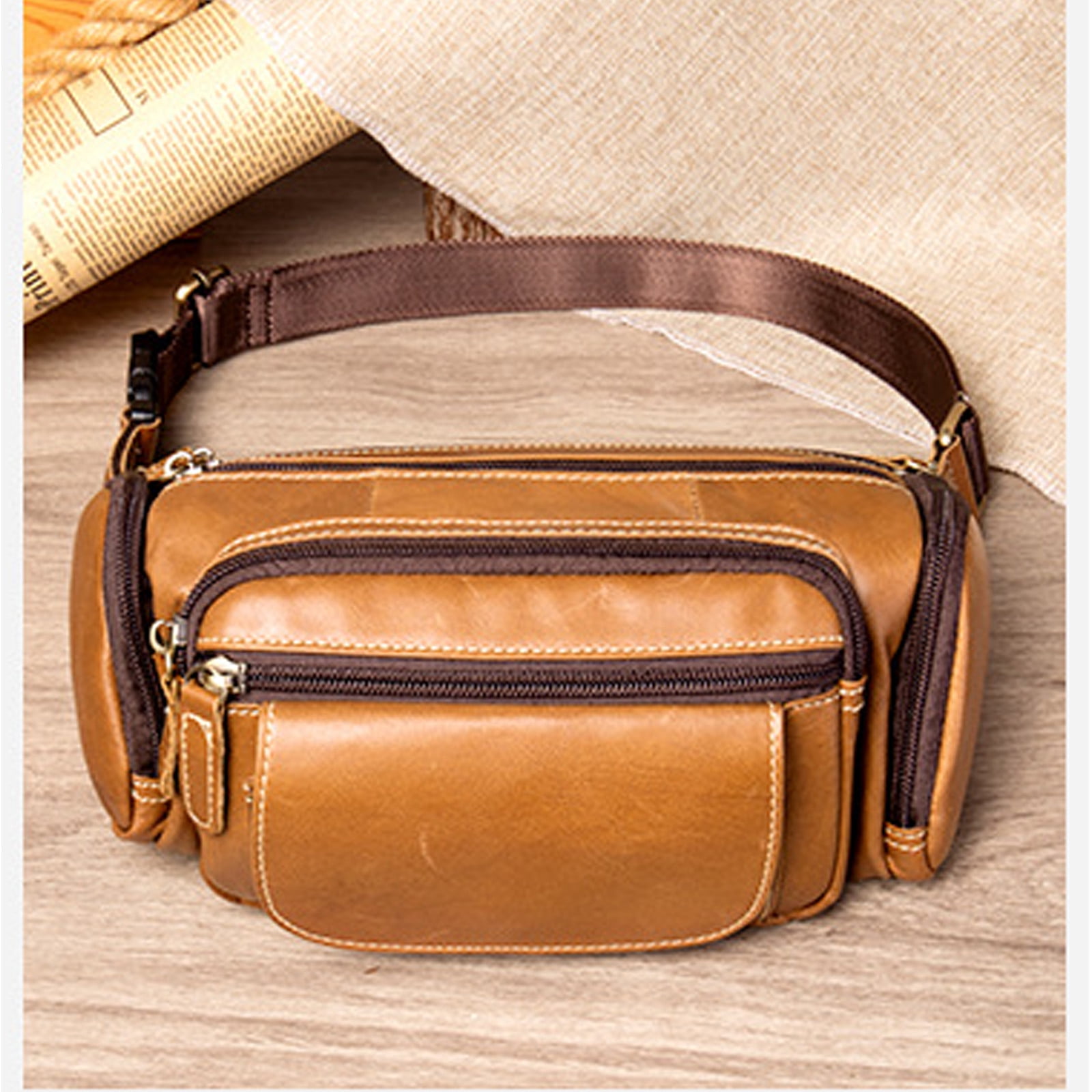 Men’s Genuine Leather Fanny Pack Multi-Pocket Waist Bag with Adjustable Strap and Metal Zipper – Oil Coffee, Dark Coffee, Brown
