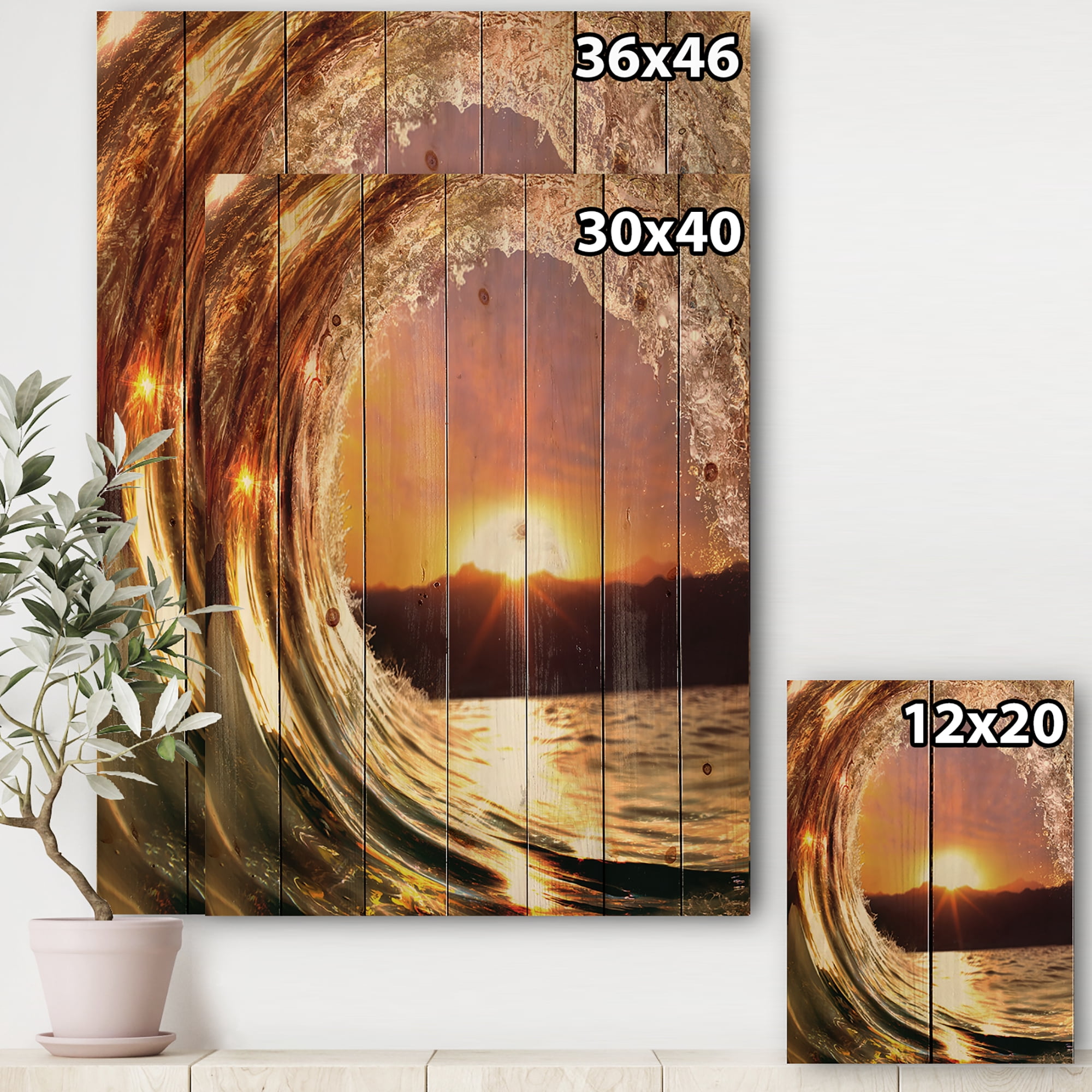 Designart 'Colored Ocean Waves Falling Down At Sunset VIII' Modern Seashore Print on Natural Pine Wood