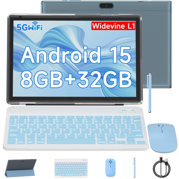 10.1 inch Android 15 Tablet PC, 2026 Newest Tablet with Keyboard, 8GB 32GB Storage 1TB Expandable, Quad-core Processor, 8MP Dual Camera, 6000mAh, WiFi, GPS, Bluetooth, 1280x800 IPS Full HD Display
