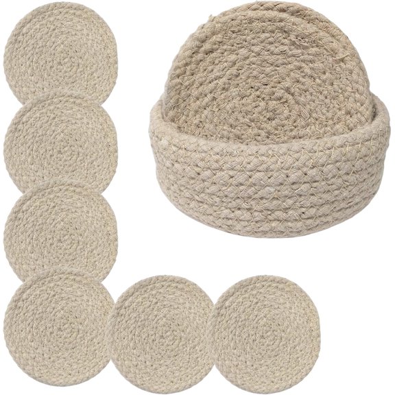 Coasters Set of 6 for Drinks, Cotton Woven Absorbent Coasters with Holder – Boho Style Tabletop Protection for Coffee, Beer & Cups (Tan)
