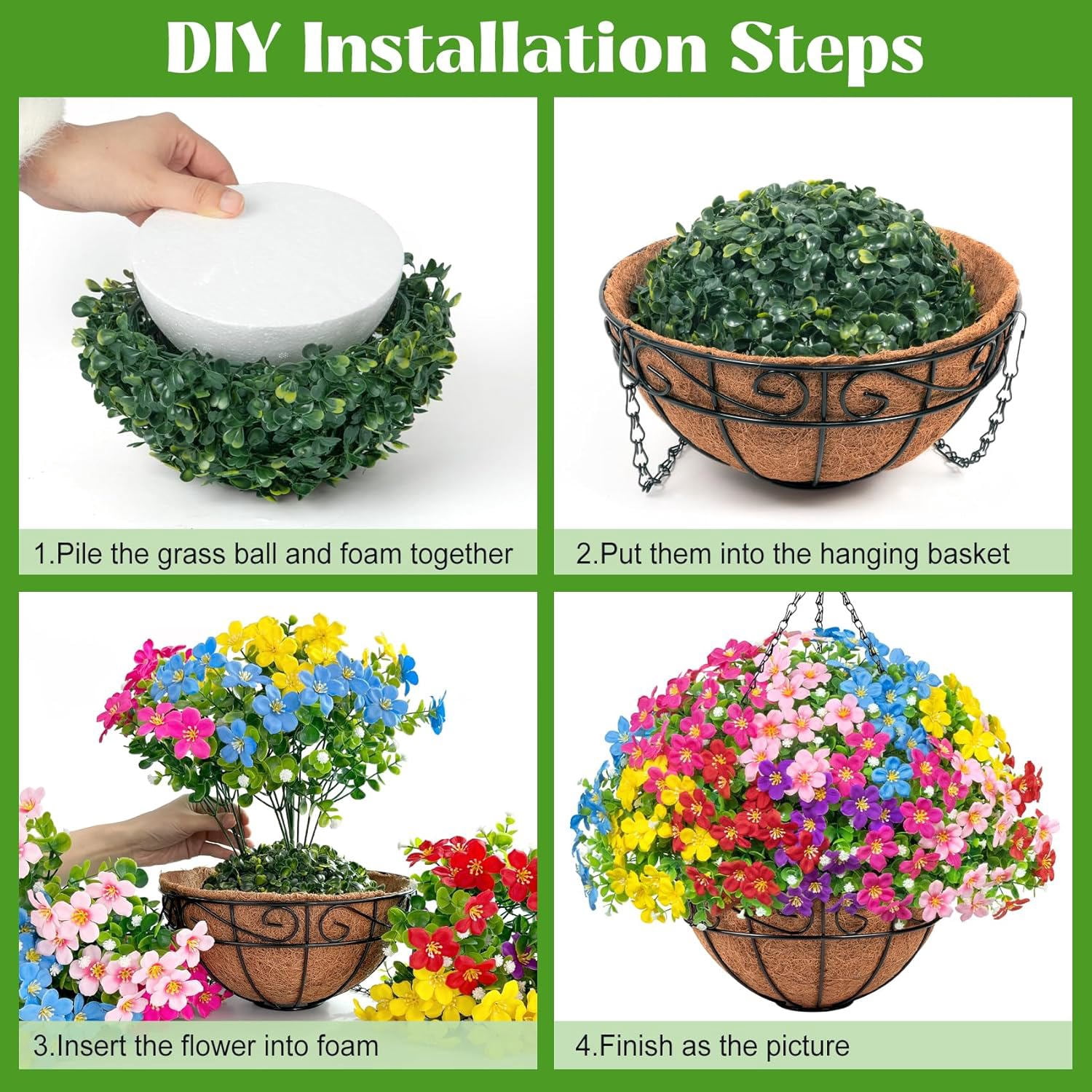 Artificial Hanging Plants Flowers with Basket for Spring Summer Outdoor Decoration, Fake Flowers UV Resistant with Hanging Planter for Front Porch Patio Garden Yard Home Decor, Multicolor