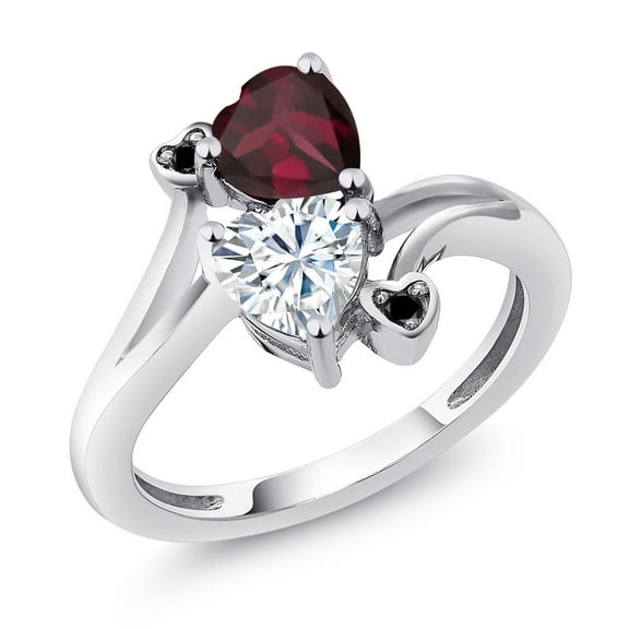 Gem Stone King 925 Sterling Silver Red Rhodolite Garnet White Moissanite and Black Diamond Ring for Women (1.55 Cttw, Heart Shape 6MM, Gemstone January Birthstone, Size 5)