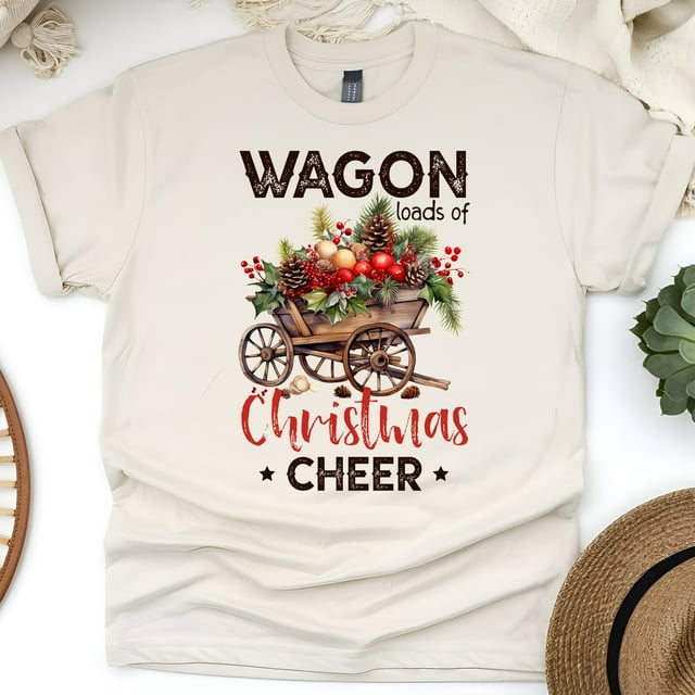 Wagon Chemise de Cheerleading de Noël / Tee-Shirt Graphique Rustique de Vacances, Naturel, Taille P