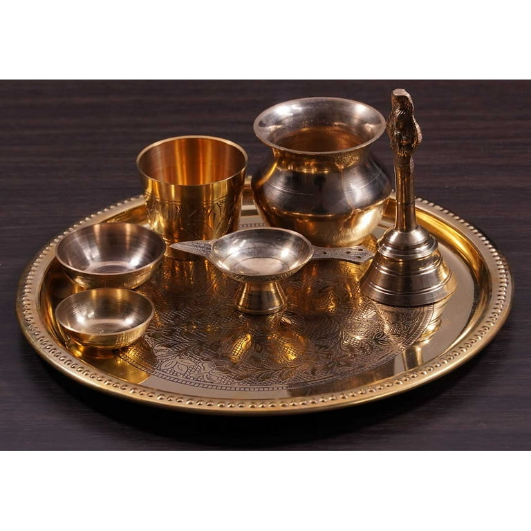 IBA Indianbeautifulart Brass Pooja Thali Set Floral Engraved Puja