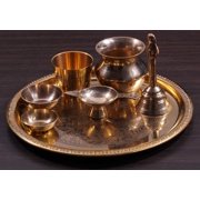 IBA Indianbeautifulart Brass Pooja Thali Set Floral Engraved Puja Aarti Thali Home Decoration Accessories, 23 cm Diameter