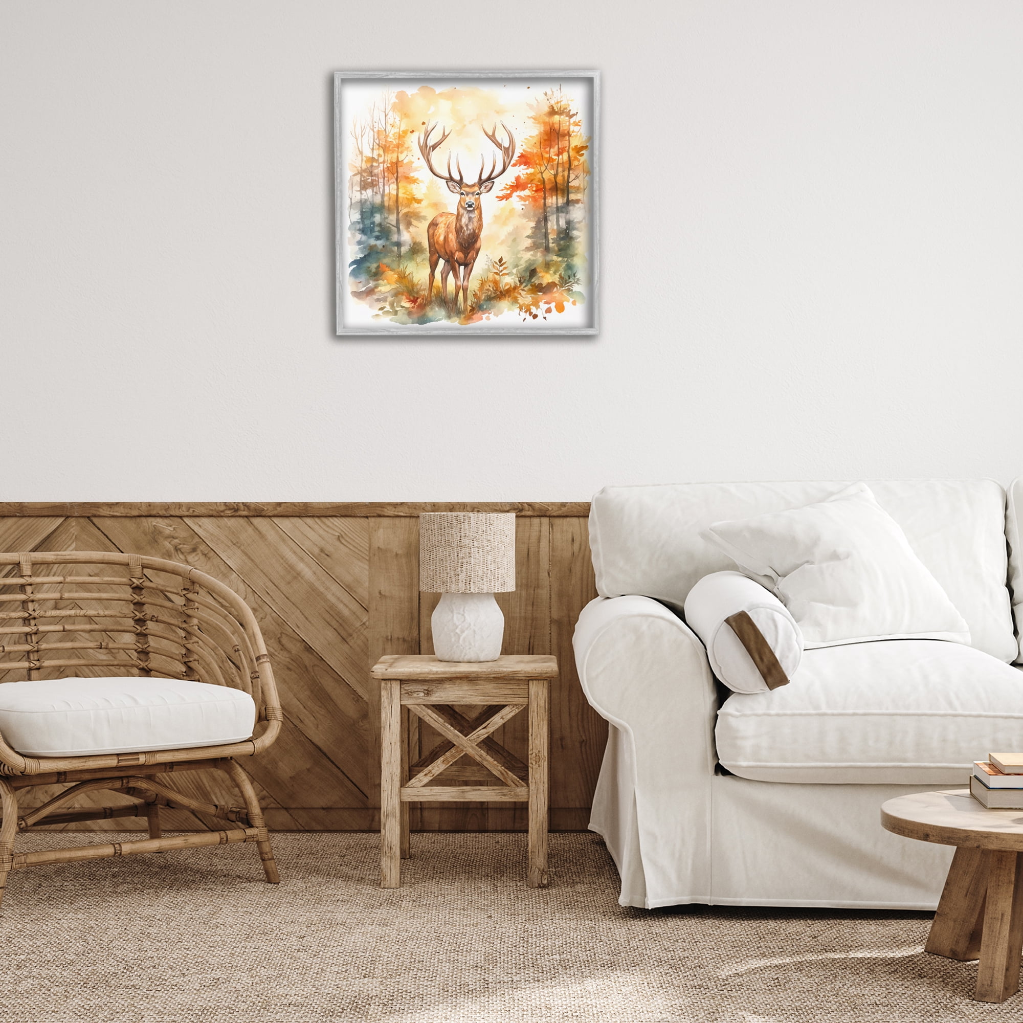 Stupell Industries Autumn Forest Stag Landscape Painting Gray Framed Art Print Wall Art, 24 x 24