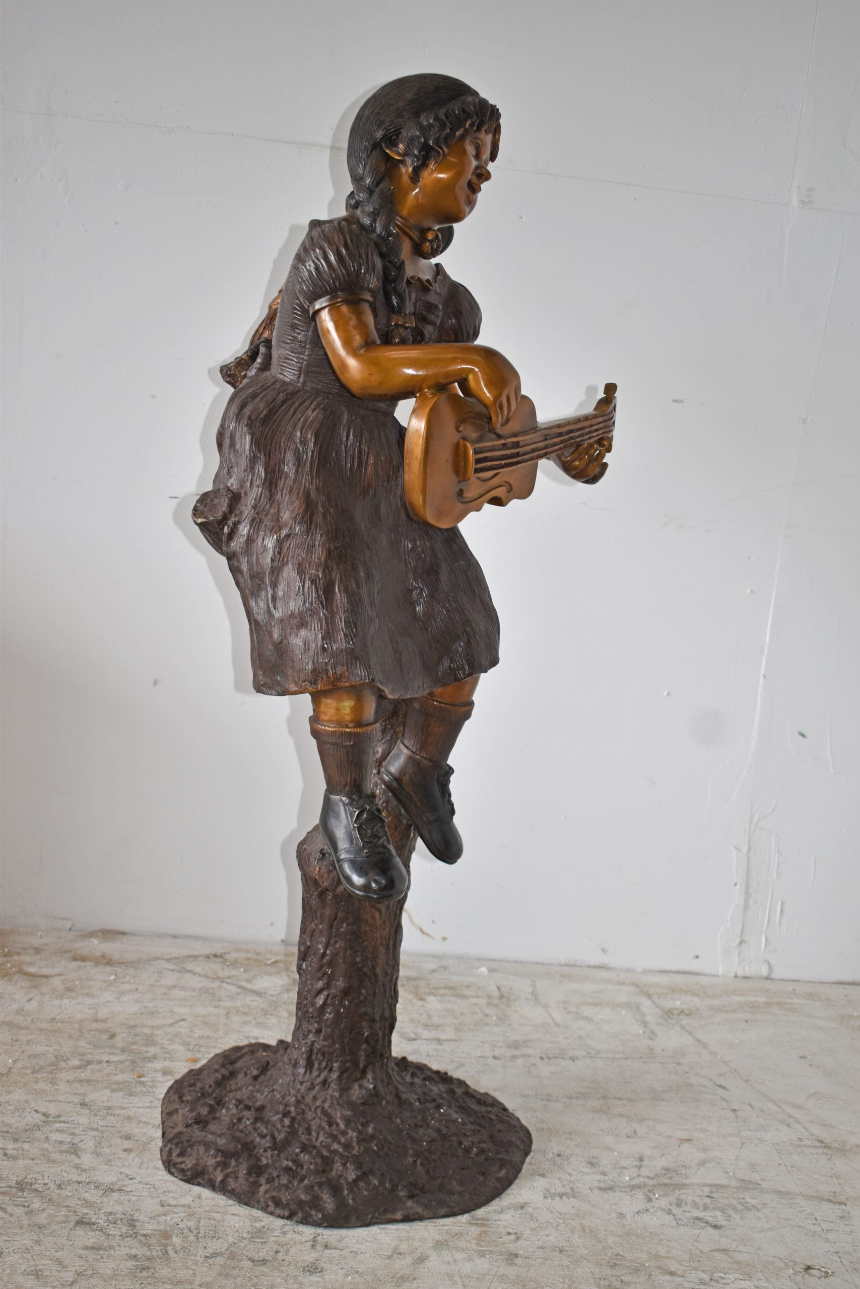 Nifao Girl on a Tree Playing the Ukulele with a Parrot Bronze Statue – Garden Outdoor Decor Sculpture, 25"L x 23"W x 50"H