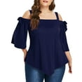 thumbnail image 2 of Olyvenn Women's Trendy Plus Size Ruched Blouses Sales Asymmetric Cold Shoulder Shirts Oversized Loose Casual Tunic Blouse 2023 Fashion Summer Halter Sling Short Sleeve Tees Solid Tops Navy 20, 2 of 7
