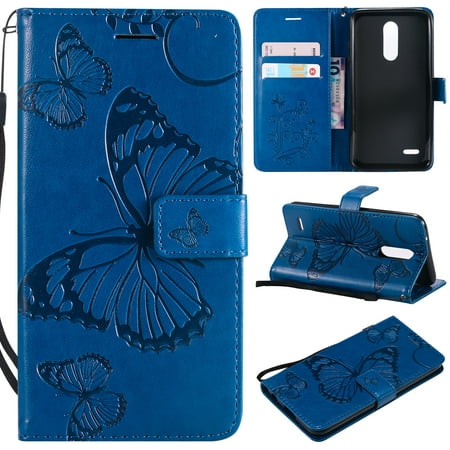 LG K10 2018 Case, LG K30 Case, LG Xpression Plus Case, Allytech Wrist Strap Flip Kickstand PU Leather Wallet Cover Embossed Butterfly with ID & Credit Card Holder for LG K10 2018 / LG K30, Blue