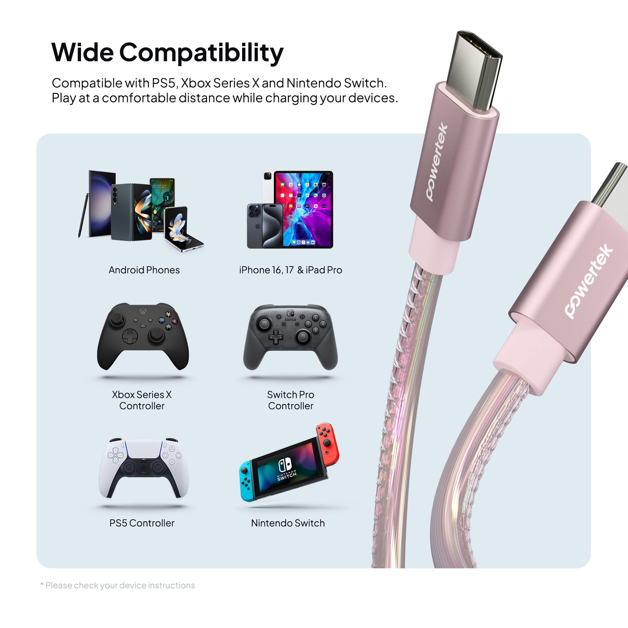 Powertek USB-C to USB-C (Type-C) Metallic Shine Pastel Fast Charging Cable, 60W, 6 ft, Pink