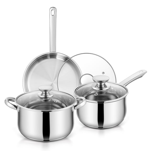 Coliware 6-Piece Pots and Pans Set, Stainless Steel Cookware Sets with Stock Pots Saucepans Frying Pans, Non-Stick Commercial Cooking Set Compatible with All Stovetops, Dishwasher Safe