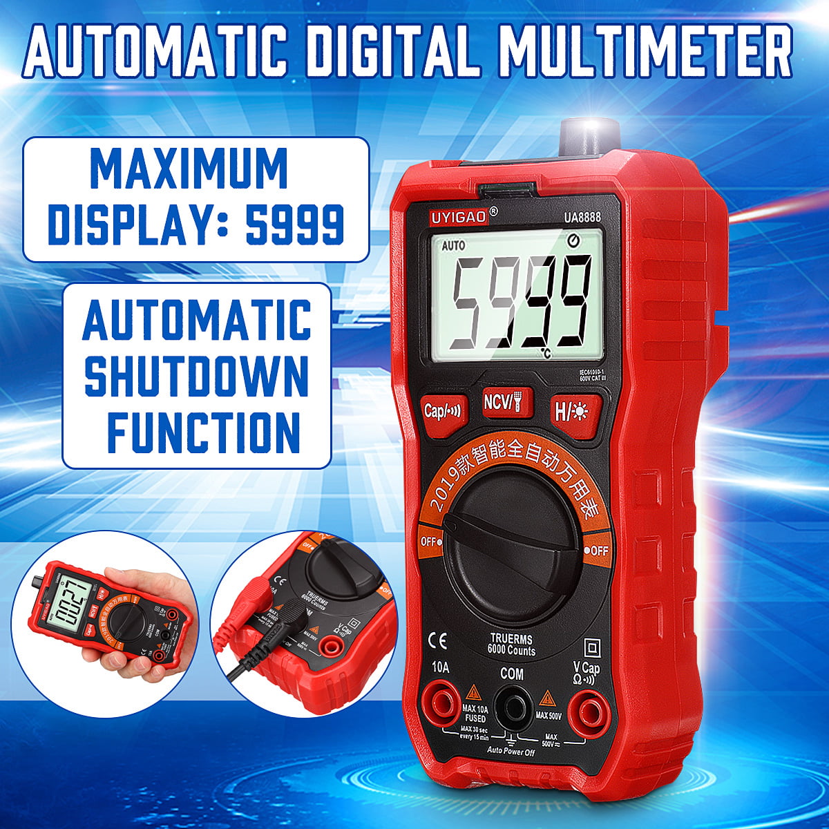 UA8888 Red Backlight Display Automatic Digital Multimeter DC/AC Voltage Current Meter 