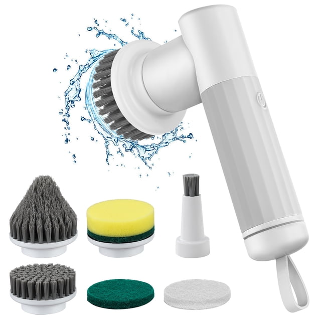 electric spin scrubber, portable electric cleaning brush with 6 replaceable shower cleaning brush heads, centered front view of a white cordless scrubber with ergonomic grip and angled brush head with water splash; six interchangeable heads shown below (cone bristle, round soft bristle, flat bristle pad, green scouring pad, small detail brush, white polishing pad); 0.9 lb (0.4 kg) weight, ~120 min runtime; also suitable for cleaning car rims and tight crevices.