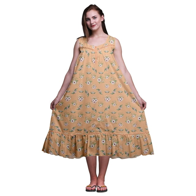 Bimba Pêche Clair Floral Mignon Dahlia et Rose Imprimé Coton Chemises de Nuit pour Femmes Robe Sans Manches Tenue de Nuit Robe Maxi XX-Grand