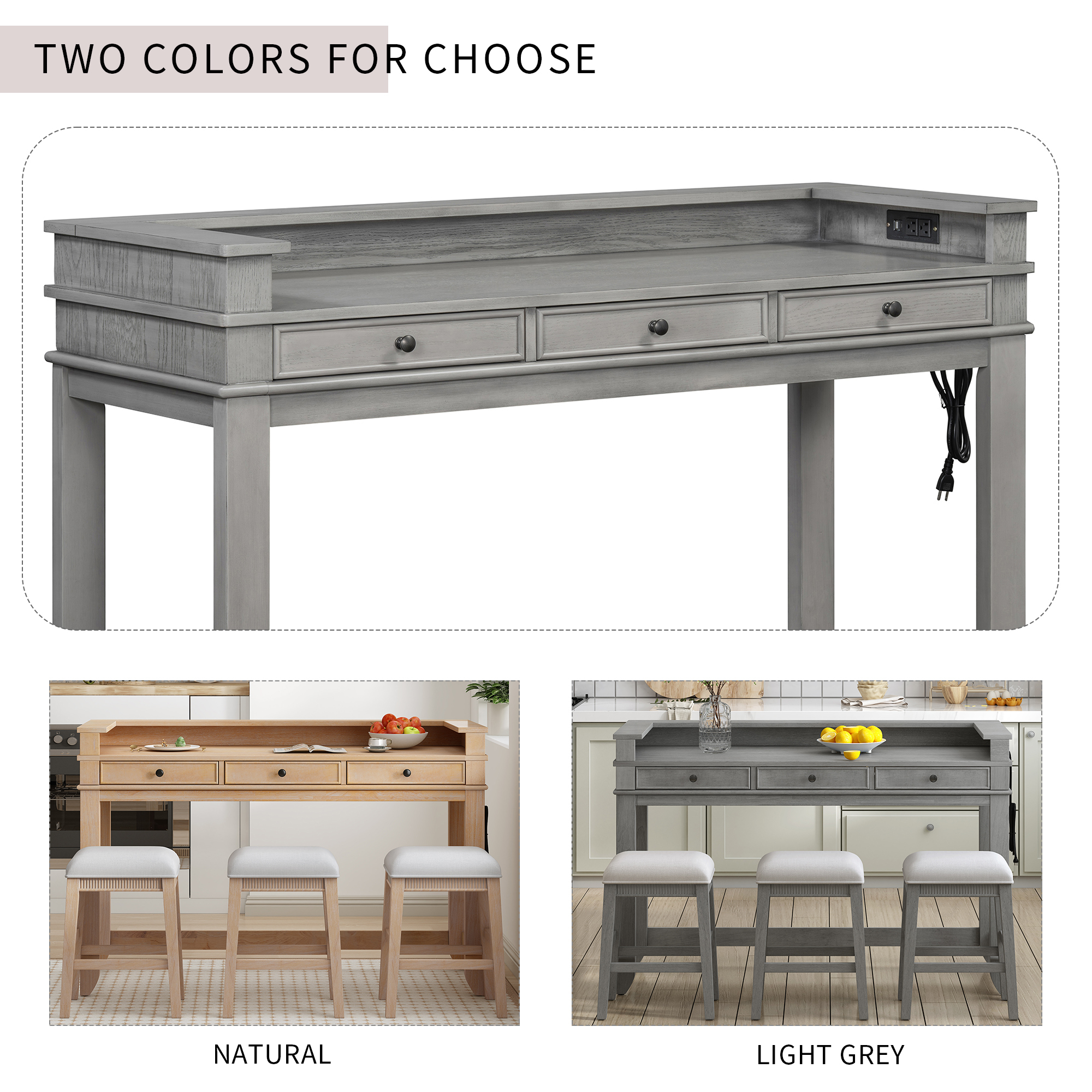 Euroco 4-Piece Kitchen Bar Table and Chairs Set for 3,Retro Dining Room Set with Power Outlet,3 Drawers & 3 Stools for Small Spaces,Light Grey